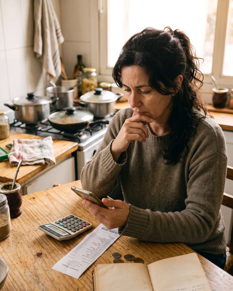 Una mujer en su cocina mira el celular, pensativa.