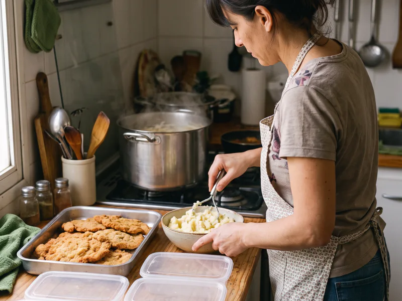Una mujer cocina varias preparaciones a la vez.