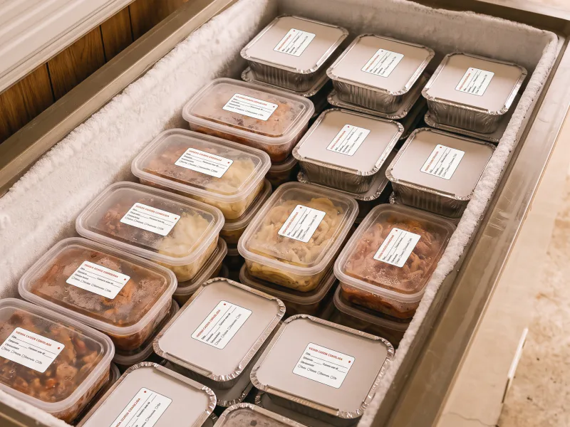 Un freezer abierto y ordenado, con viandas rotuladas.