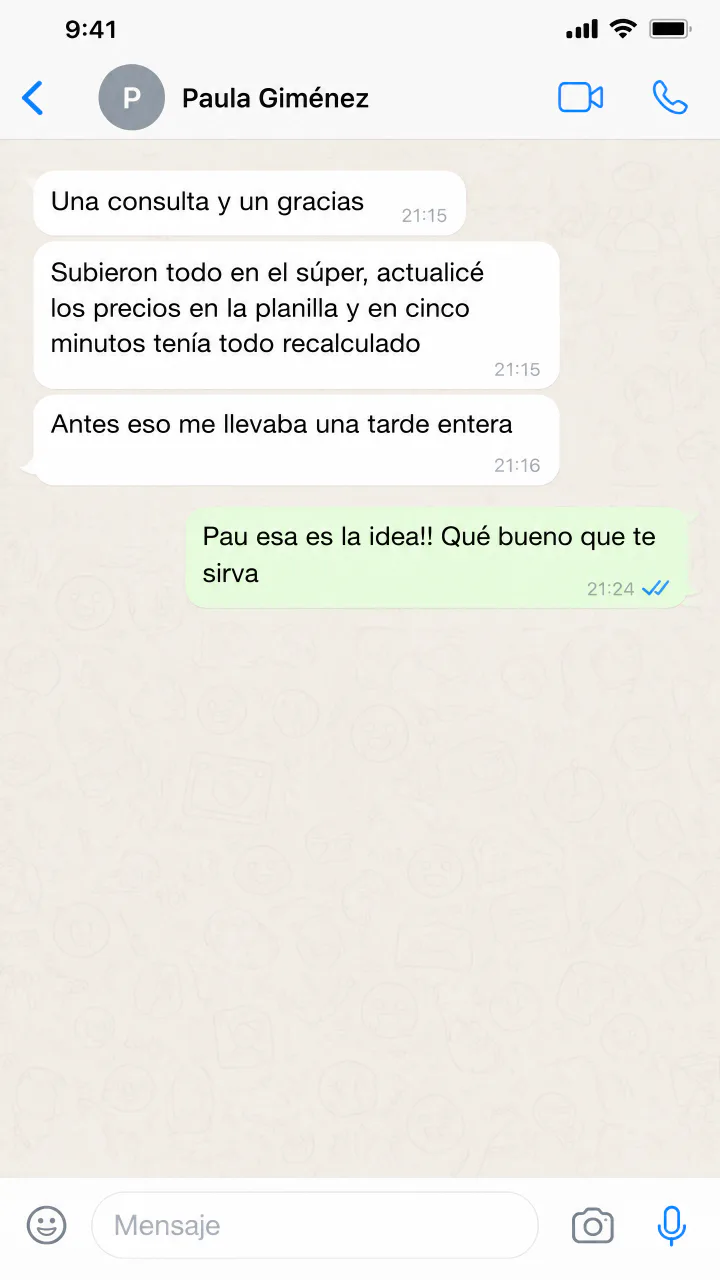 Captura de WhatsApp: Paula cuenta que actualizó los precios en la planilla en cinco minutos.
