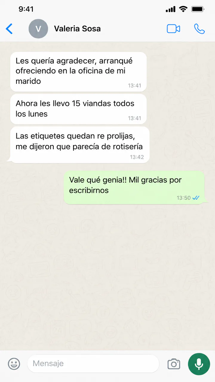 Captura de WhatsApp: Valeria lleva 15 viandas todos los lunes a la oficina de su marido.