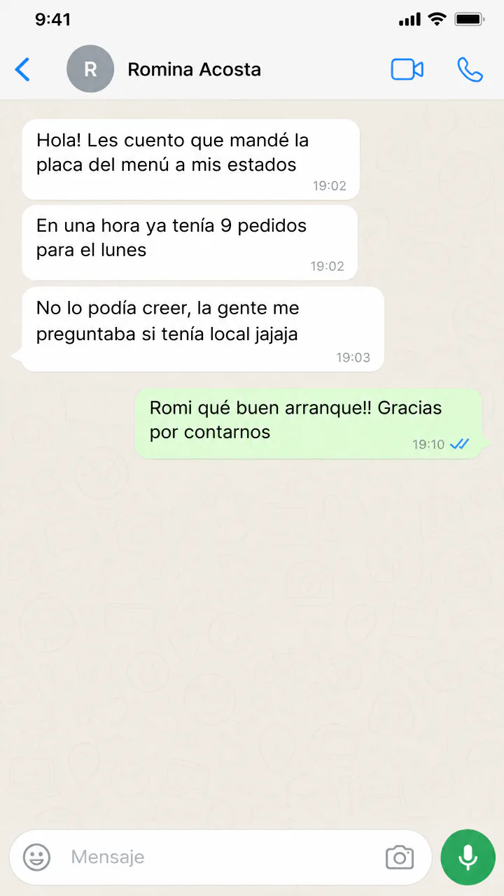 Captura de WhatsApp: Romina tuvo 9 pedidos en una hora después de mandar el menú a sus estados.
